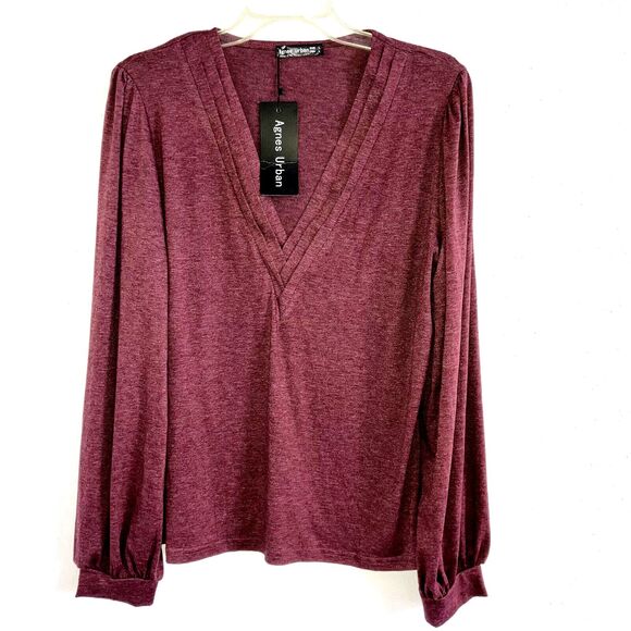 AGNES URBAN sz L Burgundy Red Purple Cordovan Smooth Knit Travel Long Sleeve Top - Picture 2 of 4